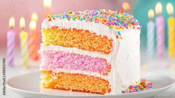 Obraz Celebratory cake slice with colorful sprinkles birthday party table food photography festive atmosphere close-up joyful moments