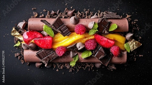 Obraz Decadent chocolate dessert with fresh berries and mango gourmet food photography elegant setting aerial view culinary art