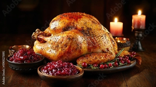 Obraz Thanksgiving feast roasted turkey with cranberry sauce cozy dining room food photography warm atmosphere top-down view culinary celebration