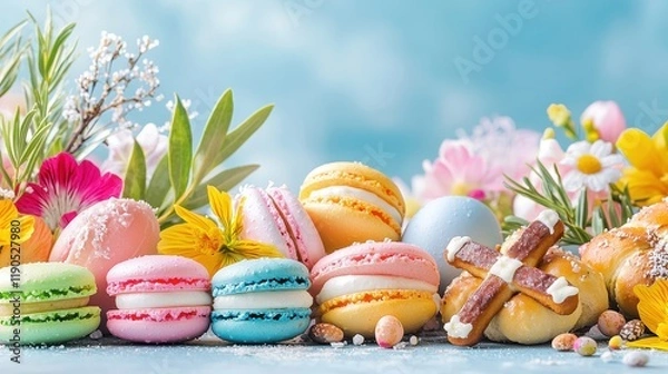 Obraz Delightful macarons and sweets display spring garden food photography floral environment close-up view culinary concept