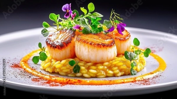 Obraz Gourmet seared scallops with risotto upscale restaurant food photography elegant setting close-up culinary art
