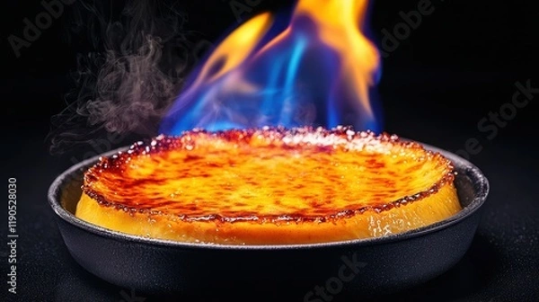 Obraz Flaming dessert preparation gourmet kitchen food photography dark background close-up culinary art