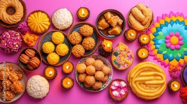 Obraz Festive indian sweets display home celebration food photography colorful environment top-down view cultural delight