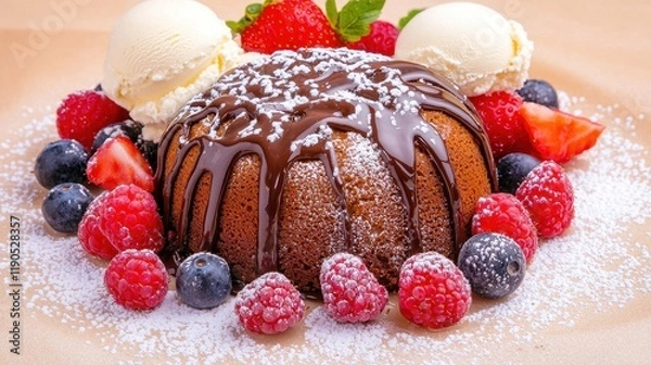 Obraz Decadent chocolate lava cake with fresh berries and ice cream gourmet dessert photography cozy restaurant setting high angle view culinary indulgence