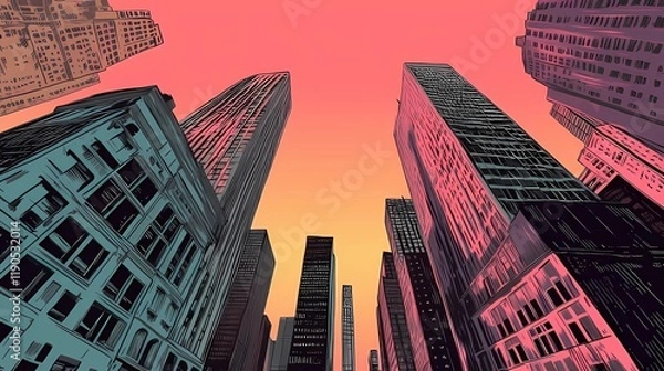 Obraz Sunset or sunrise Modern city skyscrapers panorama of tall buildings, urban background. Pop art retro vector illustration comic caricature 50s 60s style vintage kitsch