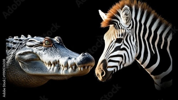 Fototapeta Crocodile and Zebra Contrasting Beauty of Wildlife on a Black Background, Portrait Style