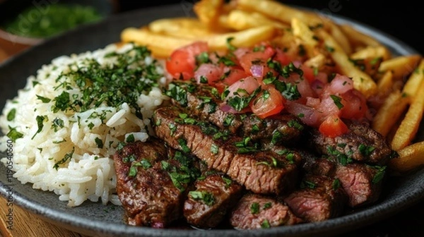 Fototapeta Sizzling Steak with Rice, French Fries, and Pico de Gallo