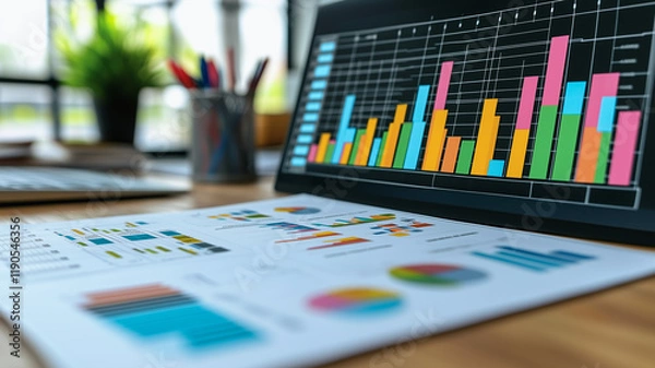 Fototapeta Data Analysis: A close-up shot of a laptop screen displaying a colorful bar graph, alongside printed charts and graphs, emphasizing the vital role of data in contemporary business.