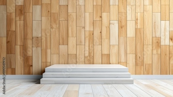 Fototapeta A minimalist wooden interior featuring a simple platform against a wooden wall, creating a serene and modern atmosphere.