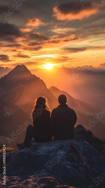 Obraz 28. A couple enjoying a quiet moment together while watching the sunrise from a mountain peak