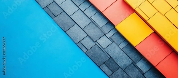 Fototapeta Abstract Colorful Geometric Shapes and Tiles: A Vibrant Composition of Blue, Gray, Red, and Yellow