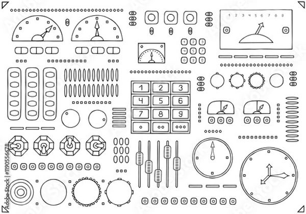 Obraz Panel with various buttons, levers, displays, monometers, sliders, indicators. Hand Drawn. Freehand drawing. Doodle. Sketch. Outline.	