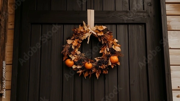 Fototapeta Autumn wreath adorned with leaves and pumpkins hanging on a rustic wooden door