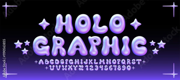 Fototapeta Glossy holographic bubble font. Inflated Iridescent alphabet, 3D holo ballon letters and numbers. Vector set	
