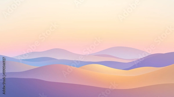 Fototapeta An abstract minimalist landscape with soft gradient hills in warm tones (peach, gold, and lavender), under a simple gradient sky transitioning from blue to pink