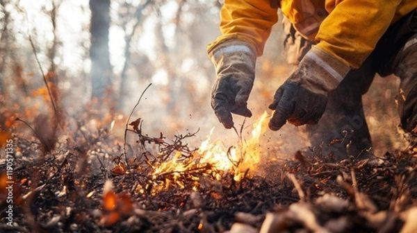 Fototapeta Firefighter Managing Controlled Burn in Forested Area