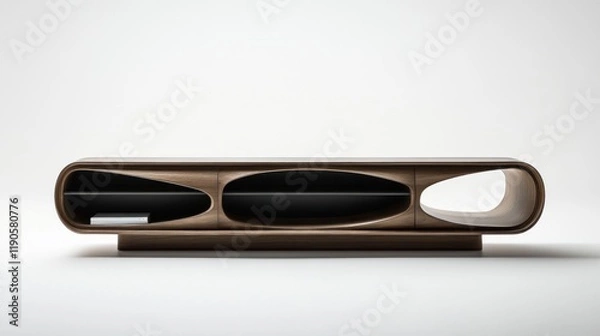 Fototapeta Modern minimalist brown wooden media console with sleek design and storage compartments.