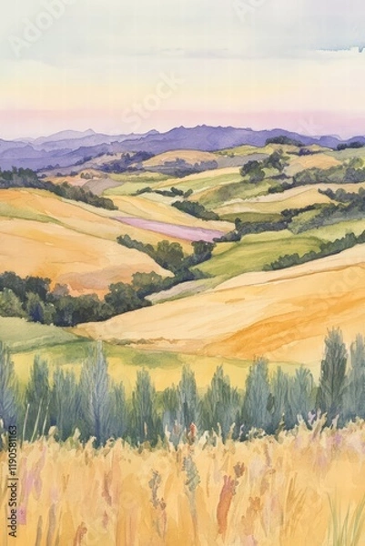 Fototapeta Serene Landscape of Rolling Hills with Golden Fields and Greenery