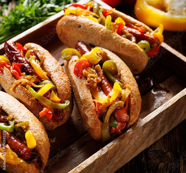 Obraz Sausage sandwiches with colorful peppers and onion, focus on the middle, close up view