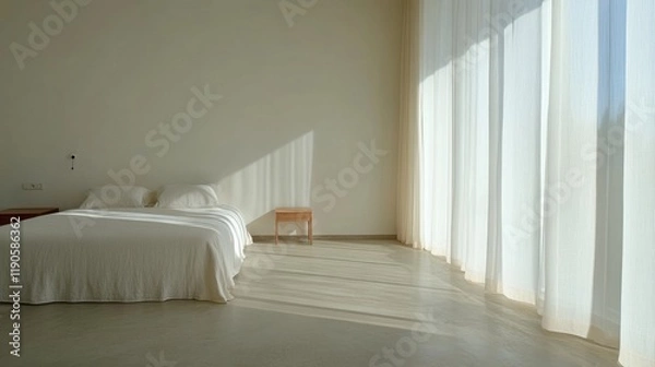 Fototapeta A minimalist bedroom with neatly arranged furniture, natural light streaming through sheer curtains, casting soft shadows