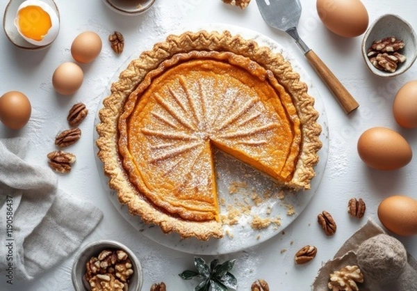 Fototapeta Delicious Pumpkin Pie with Flaky Crust and Cinnamon on White Table Surrounded by Fresh Eggs and Nuts Ready for a Fall Dessert Celebration