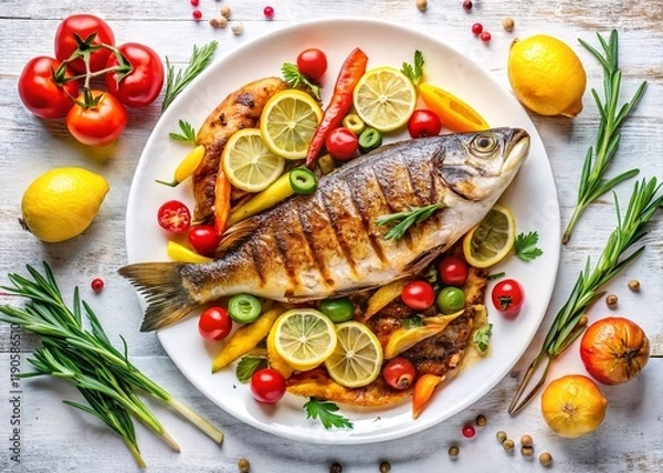 Fototapeta Fresh Grilled Fish with Lemon & Vegetables on White Background - Aerial View Stock Photo