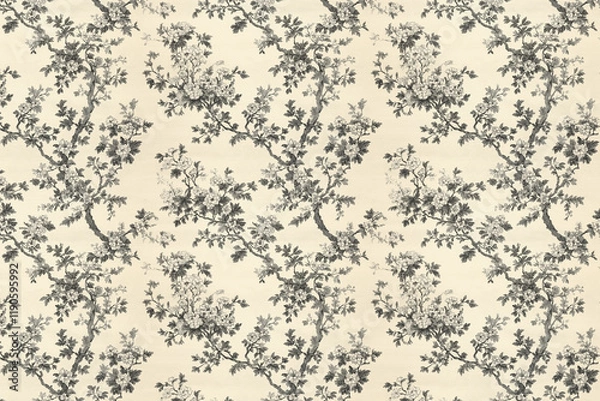 Fototapeta Floral Toile tapestry pattern. Vintage Japanese botanical wallpaper pattern. Background image. Created with Generative AI technology