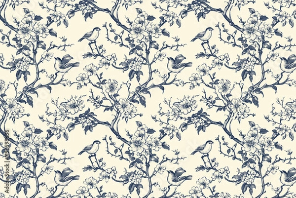 Fototapeta Floral Toile tapestry pattern. Vintage Japanese botanical wallpaper pattern. Background image. Created with Generative AI technology