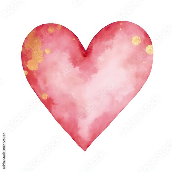 Fototapeta Watercolor artwork of a pink heart featuring intricate patchwork textures, blending soft shades of pink with accents of gold.
