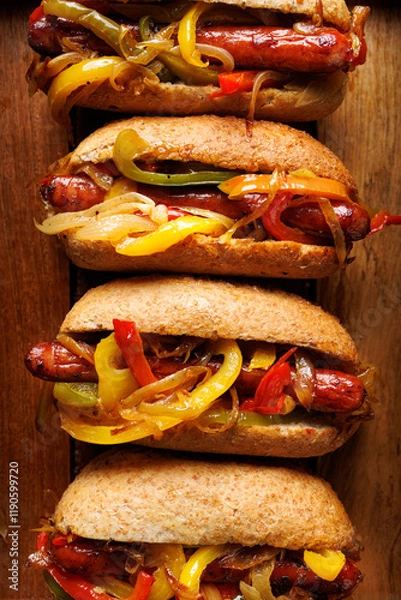 Obraz Sausage sandwiches with colorful peppers and onion on a wooden background, focus on the middle, close up view. Hot dog form with added vegetables