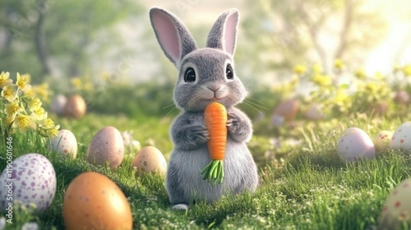 Fototapeta Adorable Bunny Holding a Carrot Surrounded by Eggs