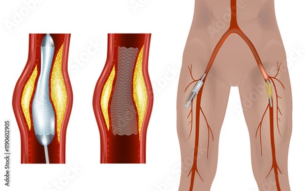 Obraz Femoral Endovascular Procedure. Illustration depicting the femoral arteries and popliteal arteries. Angioplasty femoral artery