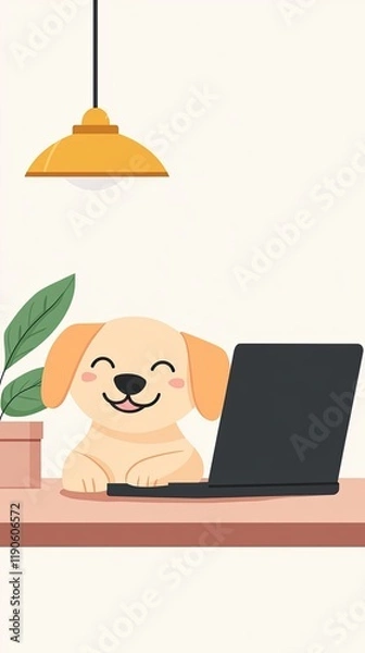 Fototapeta Business pets flower concept, Cute Cartoon Dog Sitting at Desk with Laptop and Plant Under Modern Light Fixture