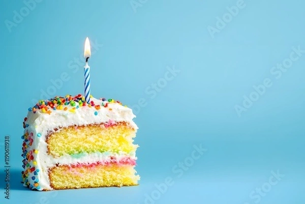 Fototapeta A colorful rainbow cake with one candle, a slice of it on the side against a blue background