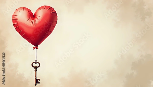 Obraz Vintage Style Heart Balloon with Ornate Key in Romantic Beige Setting