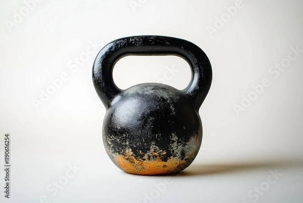 Fototapeta A worn black and orange kettlebell on a light background, perfect for fitness enthusiasts.