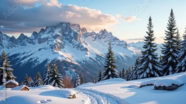 Fototapeta Snow-draped mountains loom majestically, framed by towering pines. A quaint cabin nestles in the snowy embrace on the left