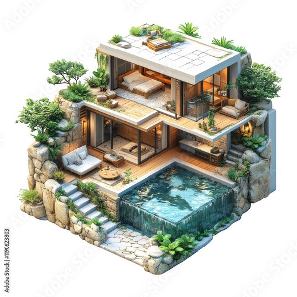 Obraz [Modern luxury home amidst natural landscape] Serene Modern House amidst Lush Greenery at Dawn/Dusk with Pool and Patio.