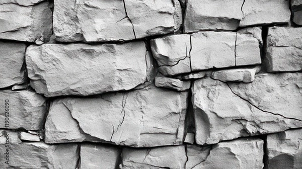 Fototapeta Monochrome stone wall featuring rough textured irregular blocks and hairline cracks