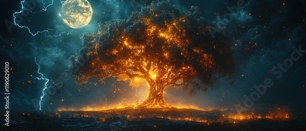 Fototapeta A mystical tree stands in the dark sky, illuminated by a large moon and surrounded by flashing lightning.