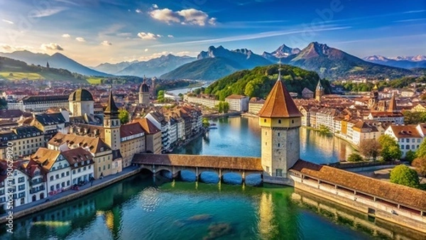 Obraz Lucerne Switzerland Panoramic Aerial View Chapel Bridge Wasserturm Iconic Landmark