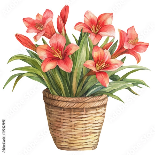 Fototapeta A watercolor of a Ginger Lily bouquet in a basket, isolated on a white background. Ginger Lily bouquet vector.

