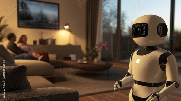 Obraz Automated Home Assistant Robot Interacting with Family in Living Room