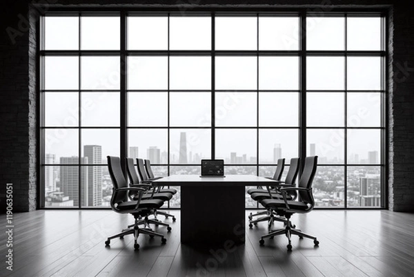 Obraz Industrial chic office with large window in black and white