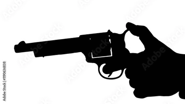 Obraz Hand holding a revolver gun, caught in the act of loading the bullet into the cylinder, preparing to fire. Isolated silhouette shot.

