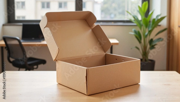 Fototapeta Flat box mockup on modern workspace, minimalistic design concept