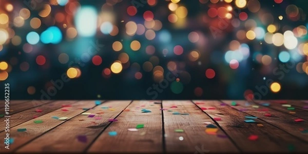Fototapeta Empty wooden table top ready for festive celebration, set against a backdrop of vibrant bokeh lights and cheerful confetti at night for product display or artistic design.