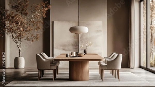 Fototapeta A serene dining room with a large wooden table, upholstered chairs, and a minimalist pendant light