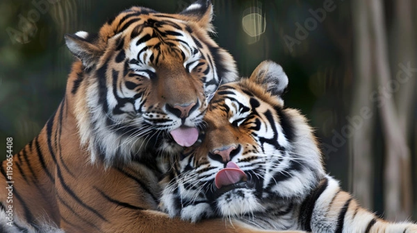 Fototapeta A beautiful photo of two tigers, one adult and one cub, showcasing their majestic and striking appearance in the wild