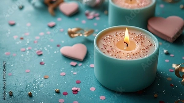 Obraz Valentine's Day background. Gifts, candle, confetti, envelope on pastel blue background. Valentines day concept. Flat lay, top view, copy space